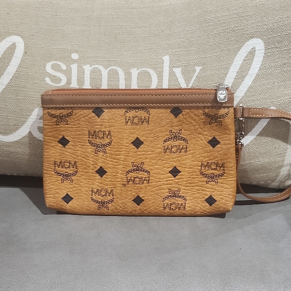 MCM Cognac Wristlet with Black Logo